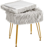 Grey Faux Fur Vanity Stool with Storage – Rectangular Makeup Ottoman Seat