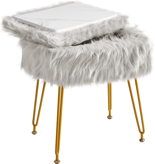 Grey Faux Fur Vanity Stool with Storage – Rectangular Makeup Ottoman Seat