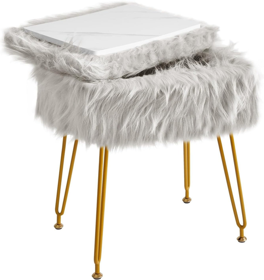 Grey Faux Fur Vanity Stool with Storage – Rectangular Makeup Ottoman Seat