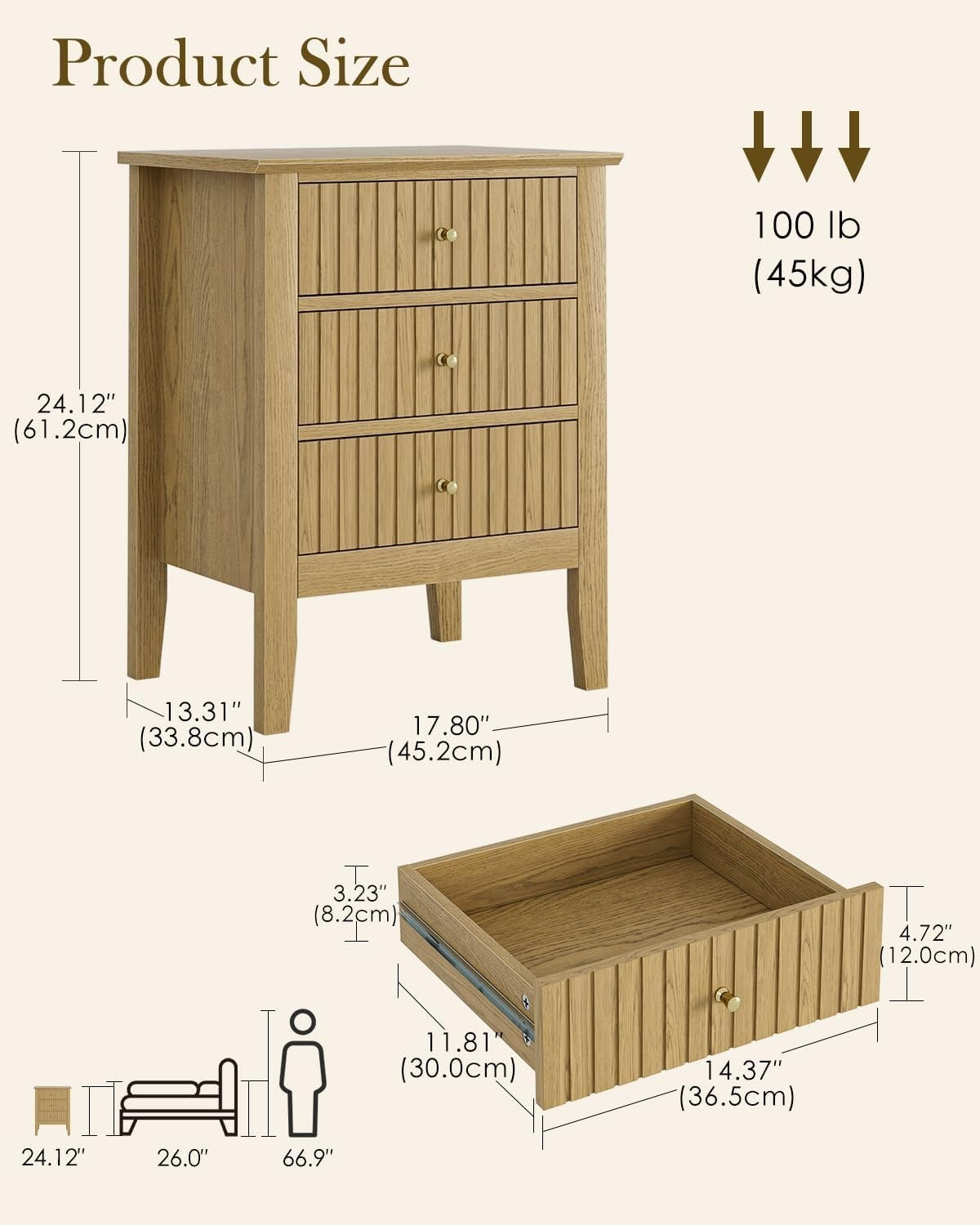 Modern Yellow Oak Bedside Table with 3 Drawers Wooden Nightstand Bedroom