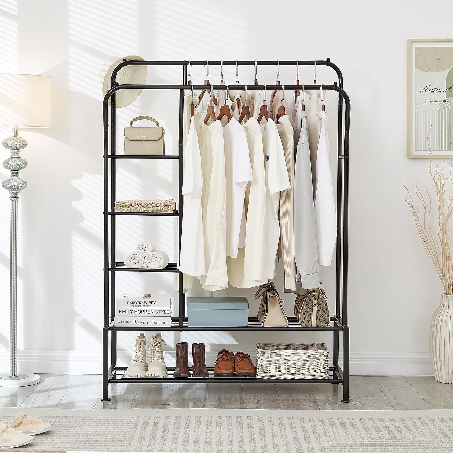 Heavy Duty Double Rail Clothes Rack with Shelves – Black