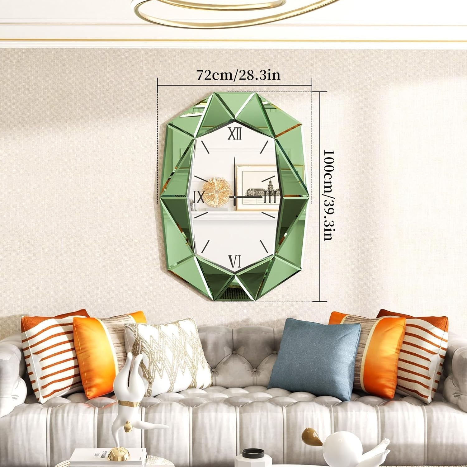 Beveled Glass Wall Clock Mirror 72x100cm Roman Numerals Silent Decor