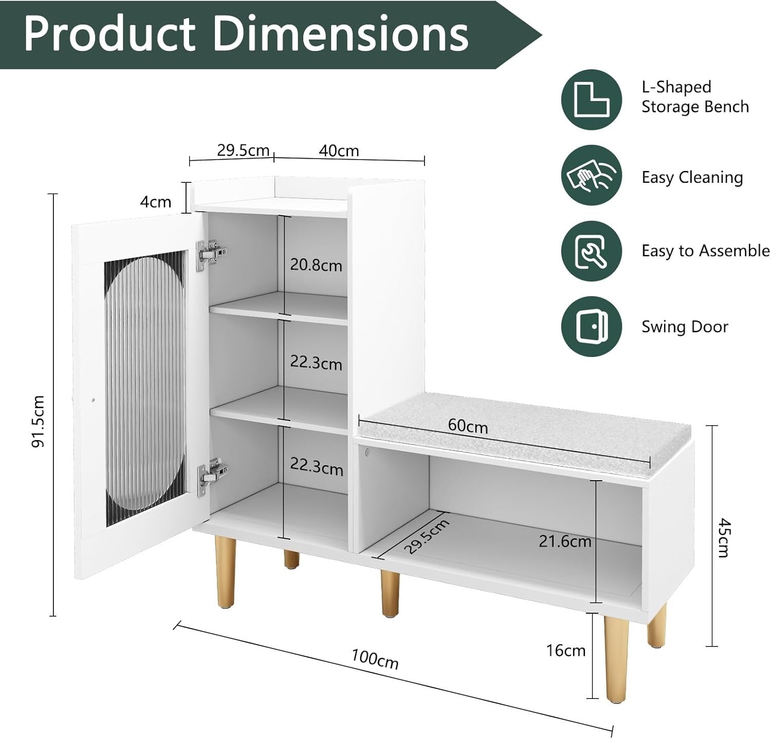 L-Shaped Shoe Storage Bench with Cushion Glass Doors 100×30×92 cm White