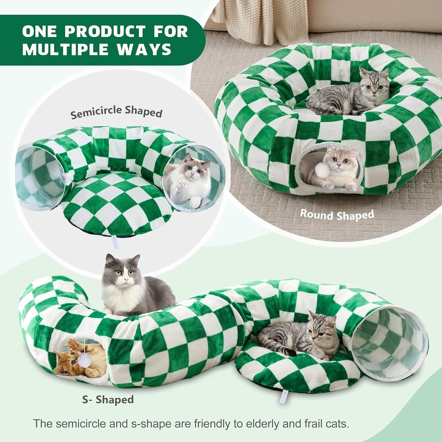 Checkered Cat Donut Tunnel Bed Peekaboo Cave w Cushion & Ball Toy
