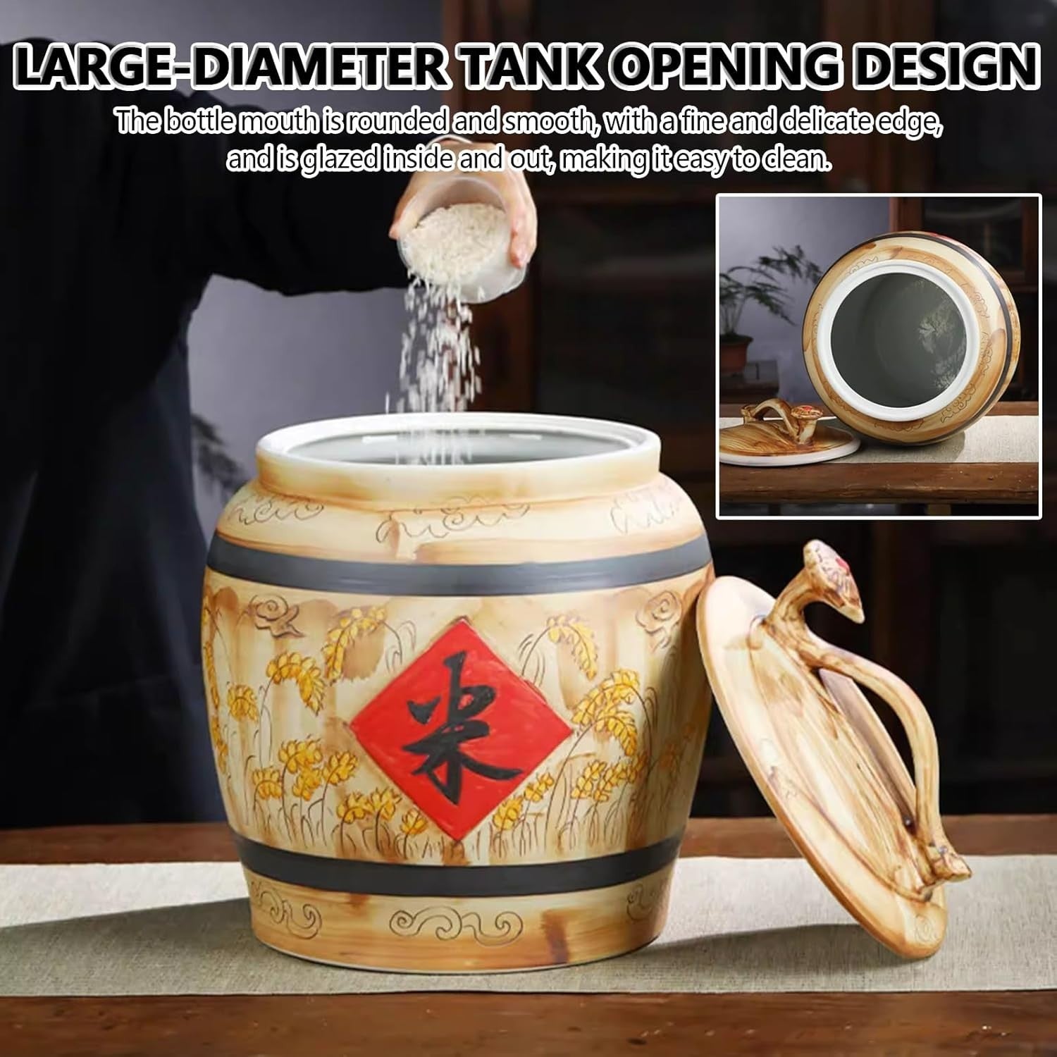 15KG Ceramic Rice Storage Jar Airtight Grain Container with Lid