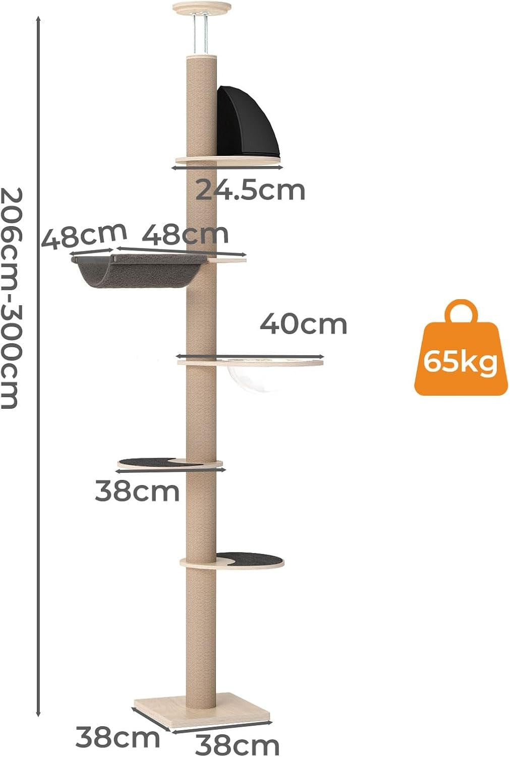 Floor to Ceiling Cat Tree Adjustable 6 Level Scratching Tower Hammock