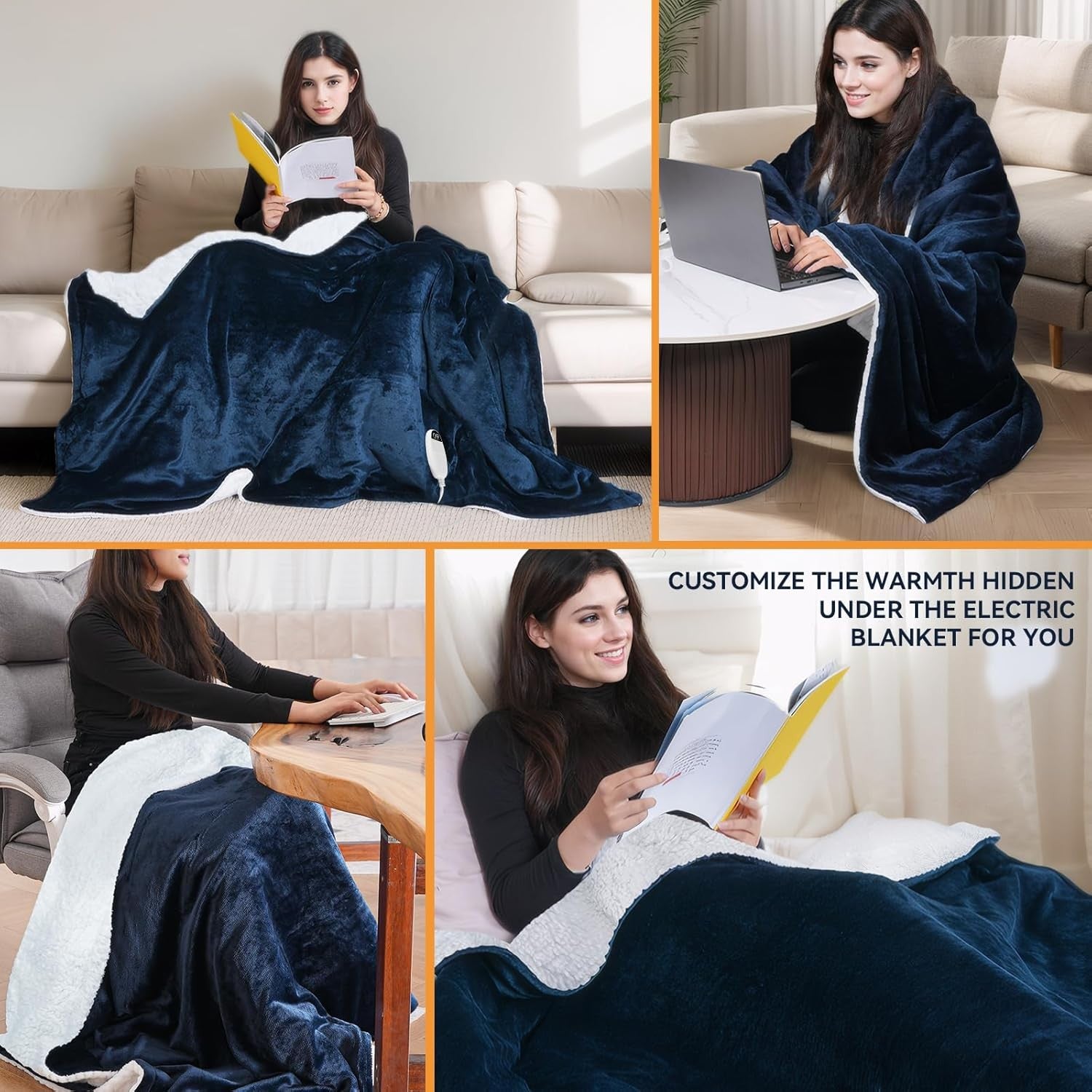 Electric Heated Throw Blanket 200x180cm Blue Auto Shut Off 10 Heat Levels