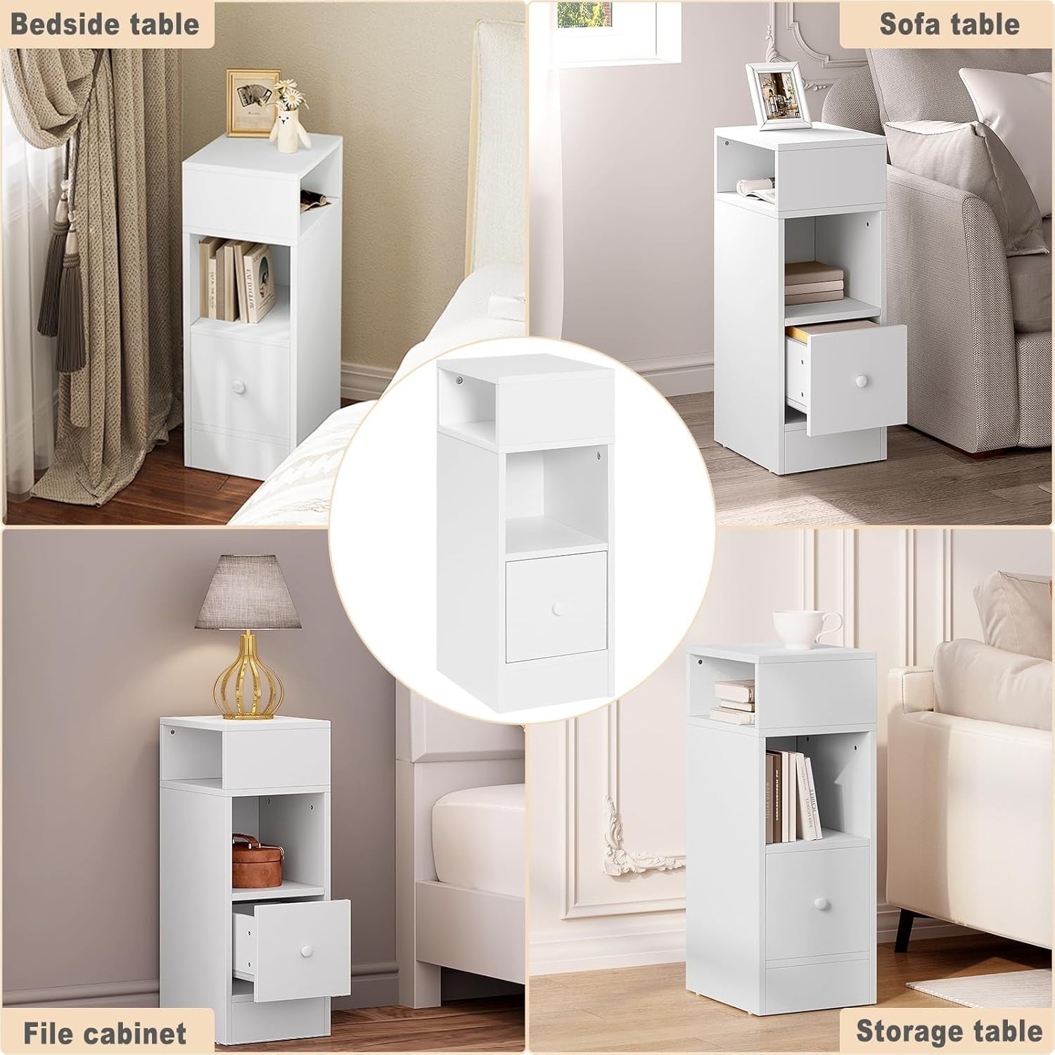 Set of 2 Slim White Bedside Tables with Drawer & Open Shelves 25x30x66cm