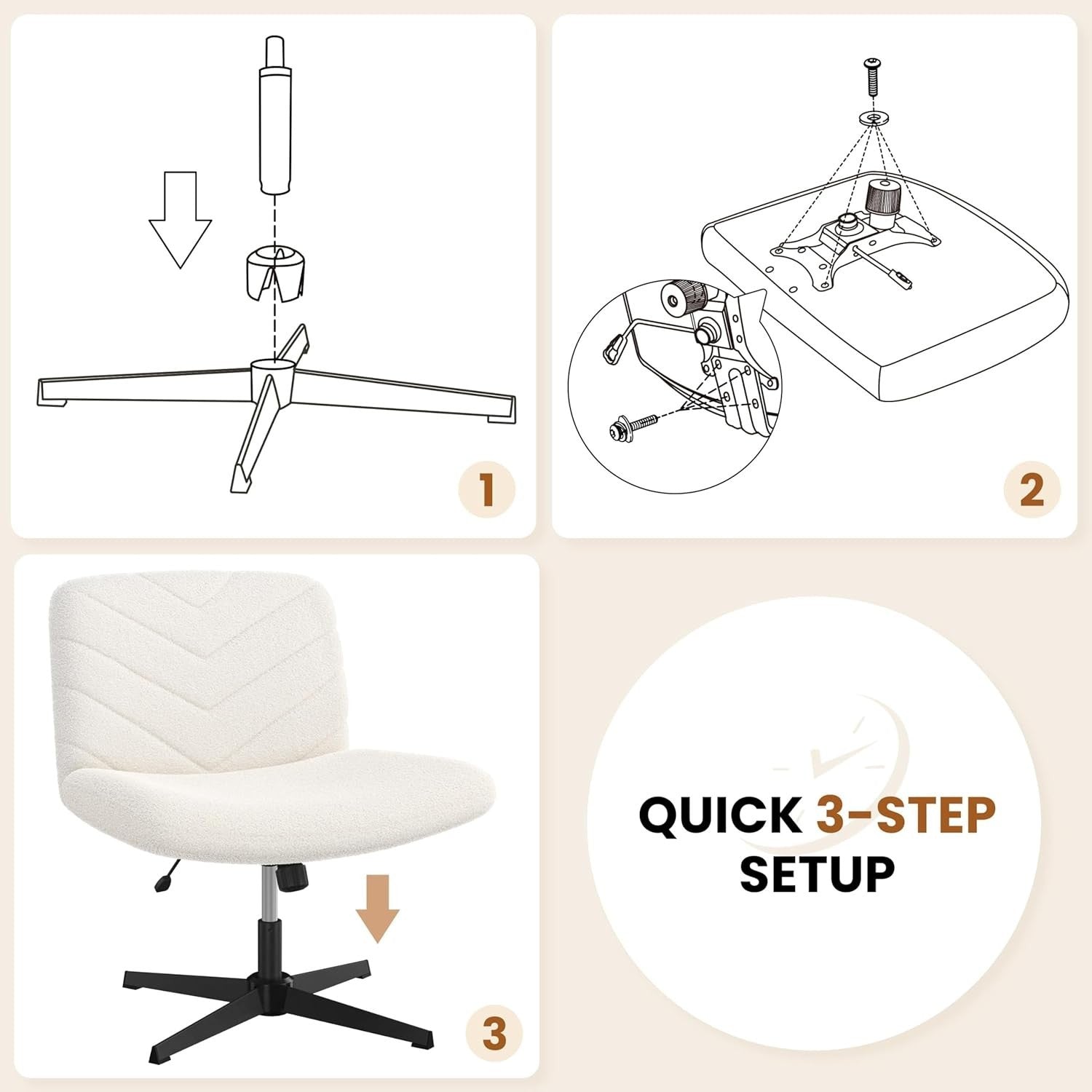 Boucle Office Desk Chair Adjustable Height Armless Swivel Ivory Home Study