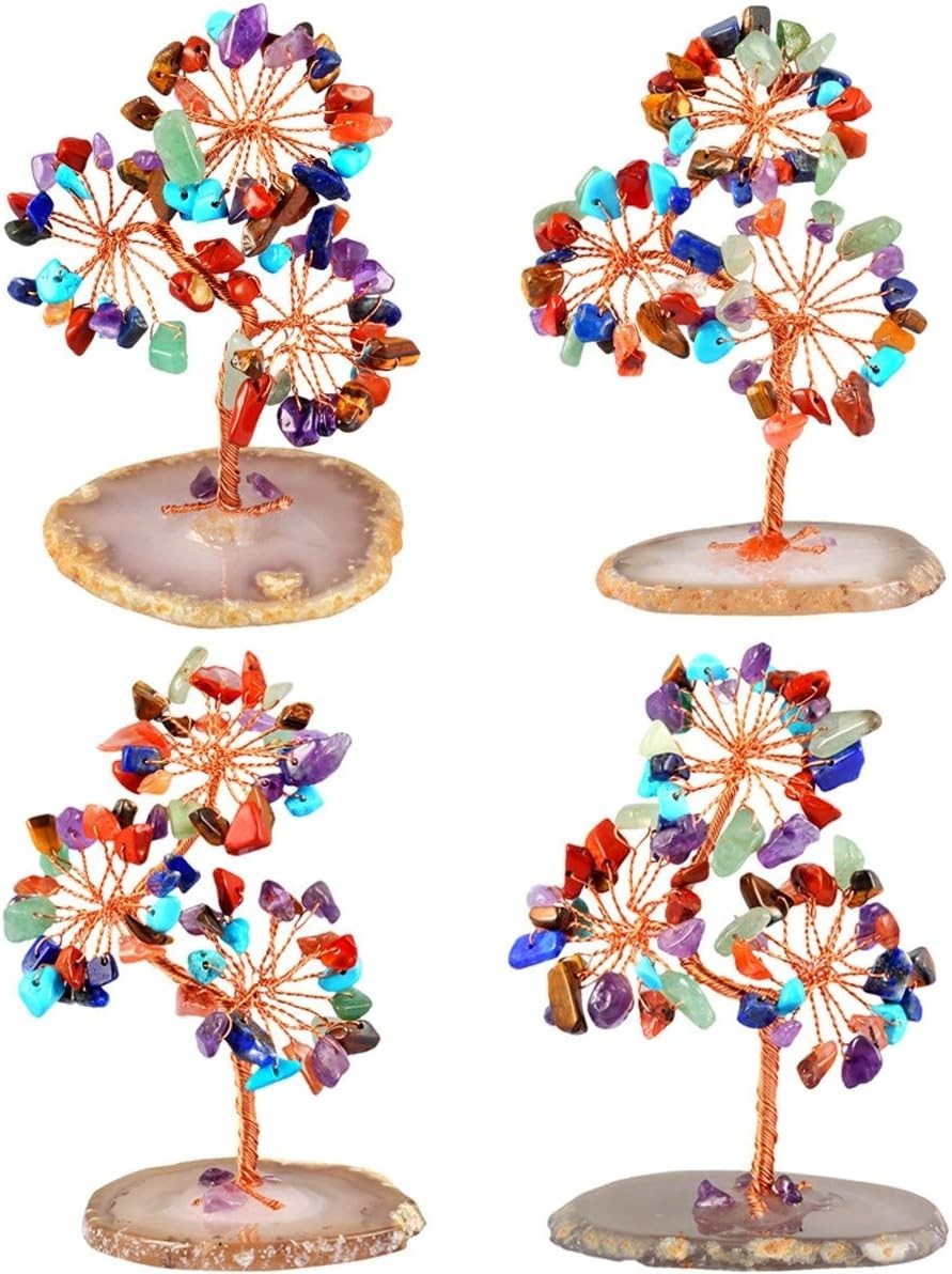 Crystal Money Tree Ornament Multicolour Gemstone Healing Decor Agate Base Gift