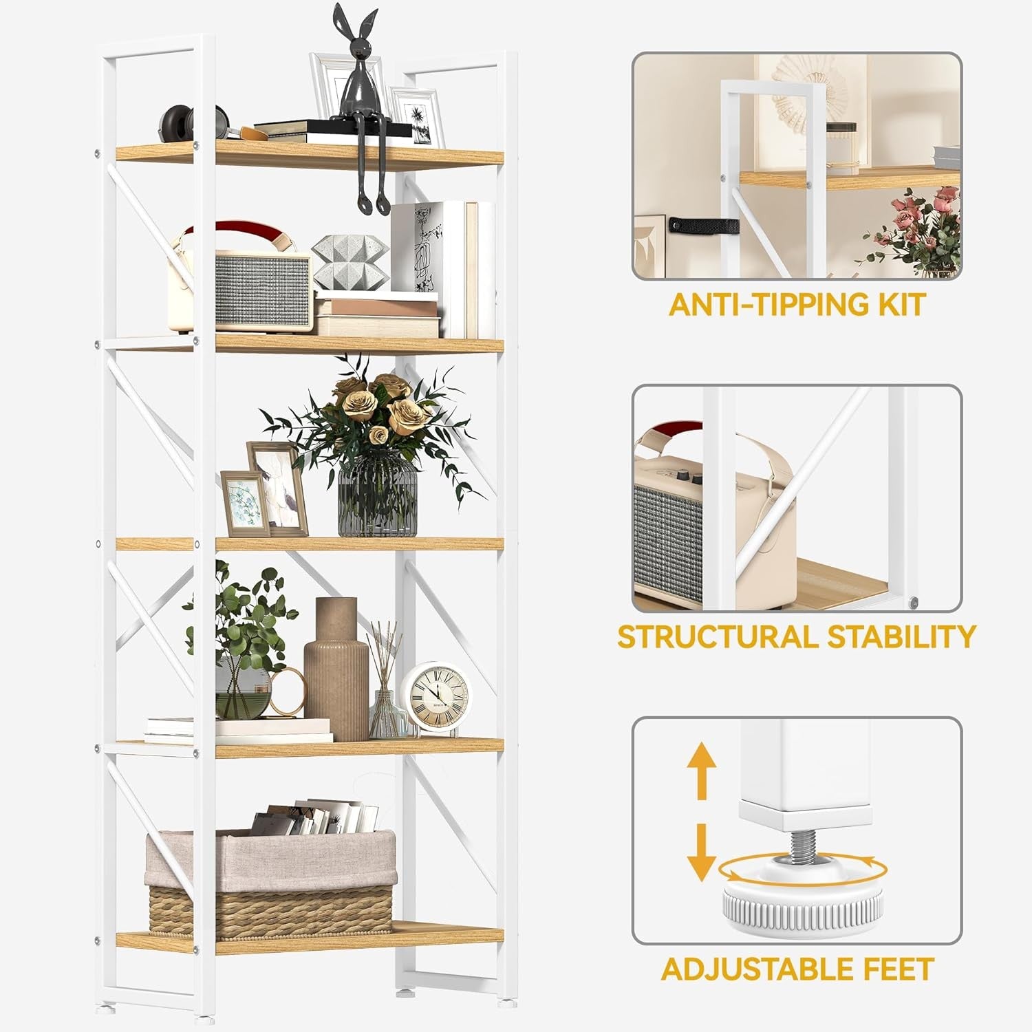 White & Oak 5-Tier Industrial Bookshelf Metal Frame Tall Storage Shelving Unit