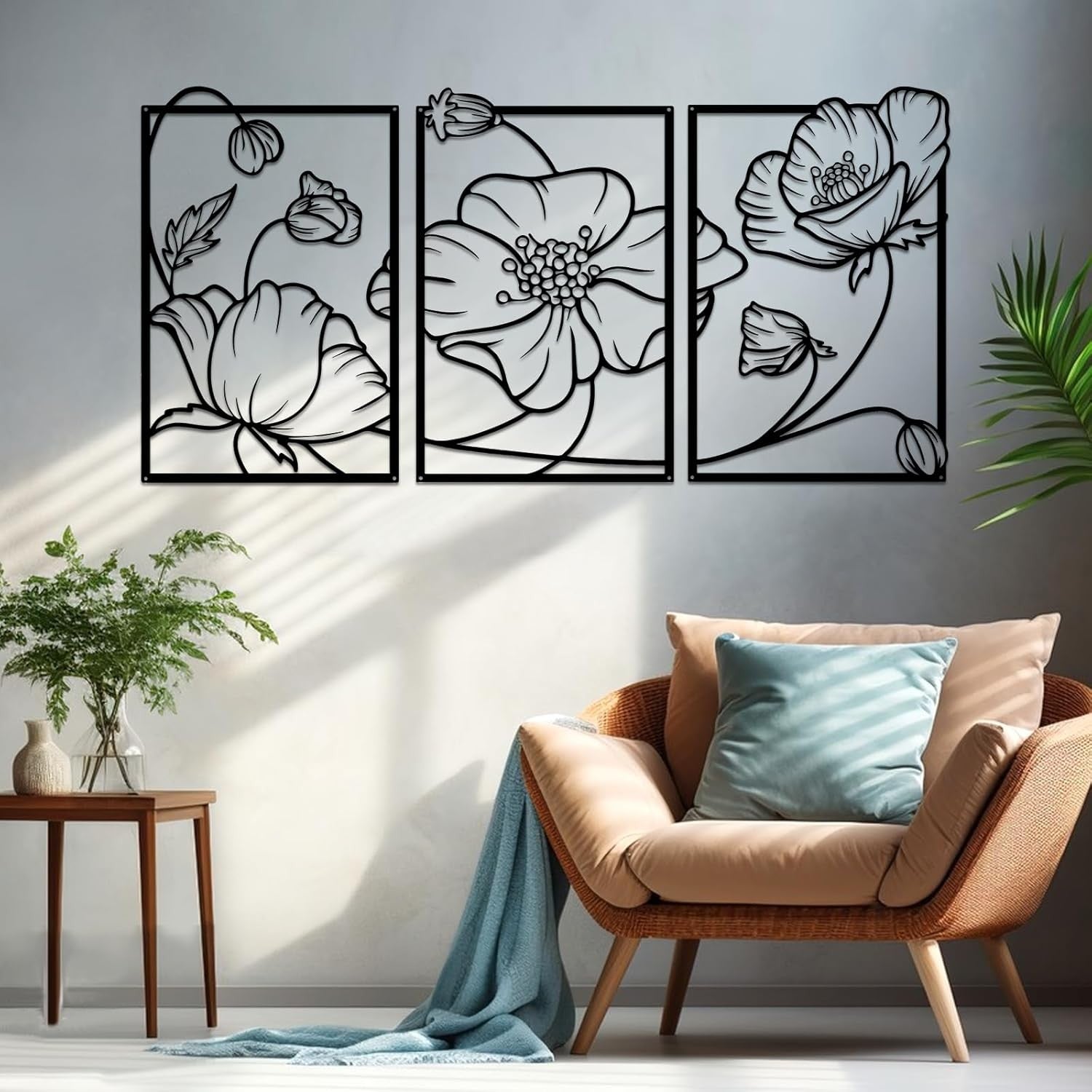 3Pcs Black Metal Flower Wall Art Minimalist Floral Decor