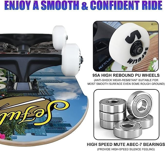 31" Complete Skateboard Maple Double Kick Trick Board Teens Adults Beginners
