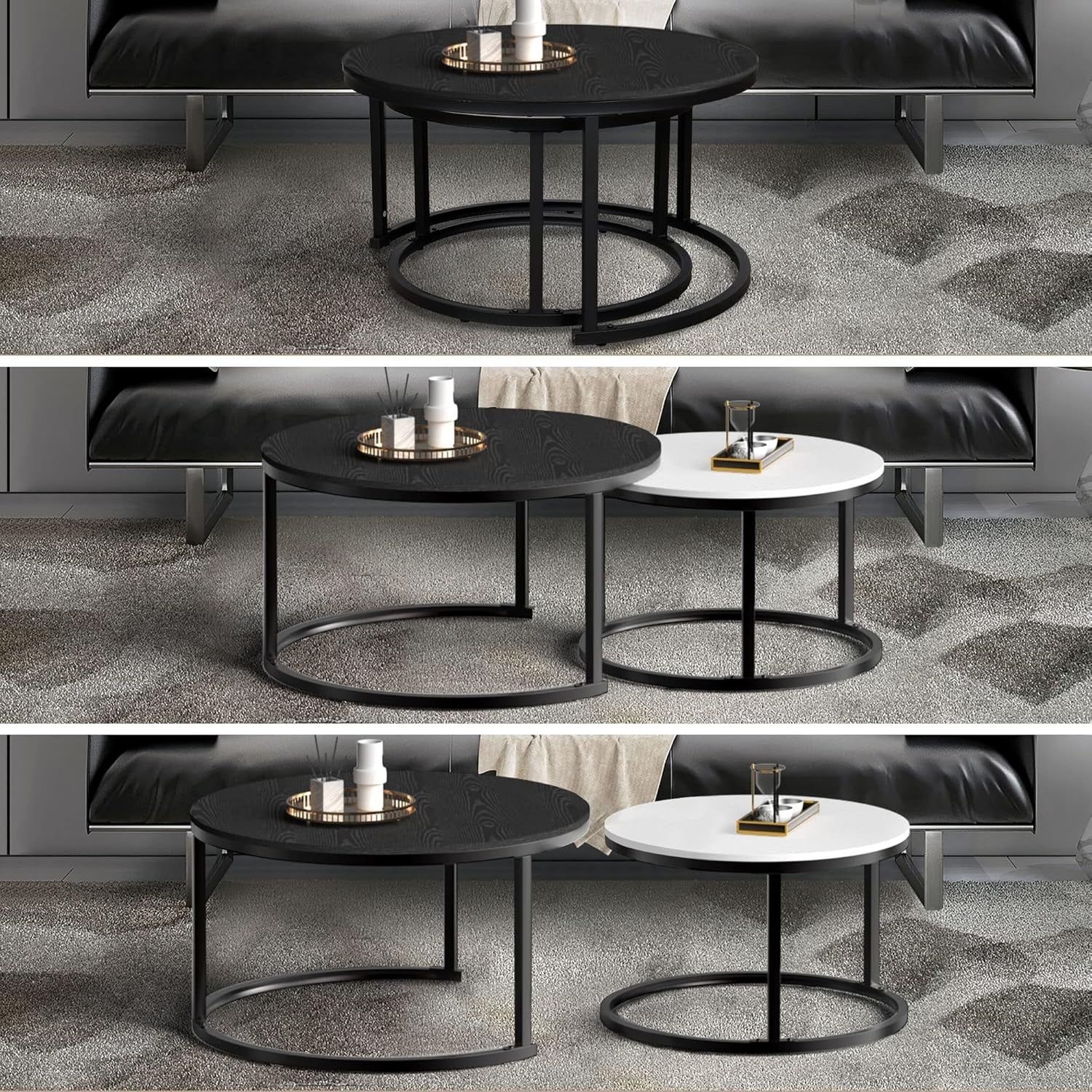 Modern Nesting Coffee Table Set of 2 Round Wood Accent Tables with Metal Frame