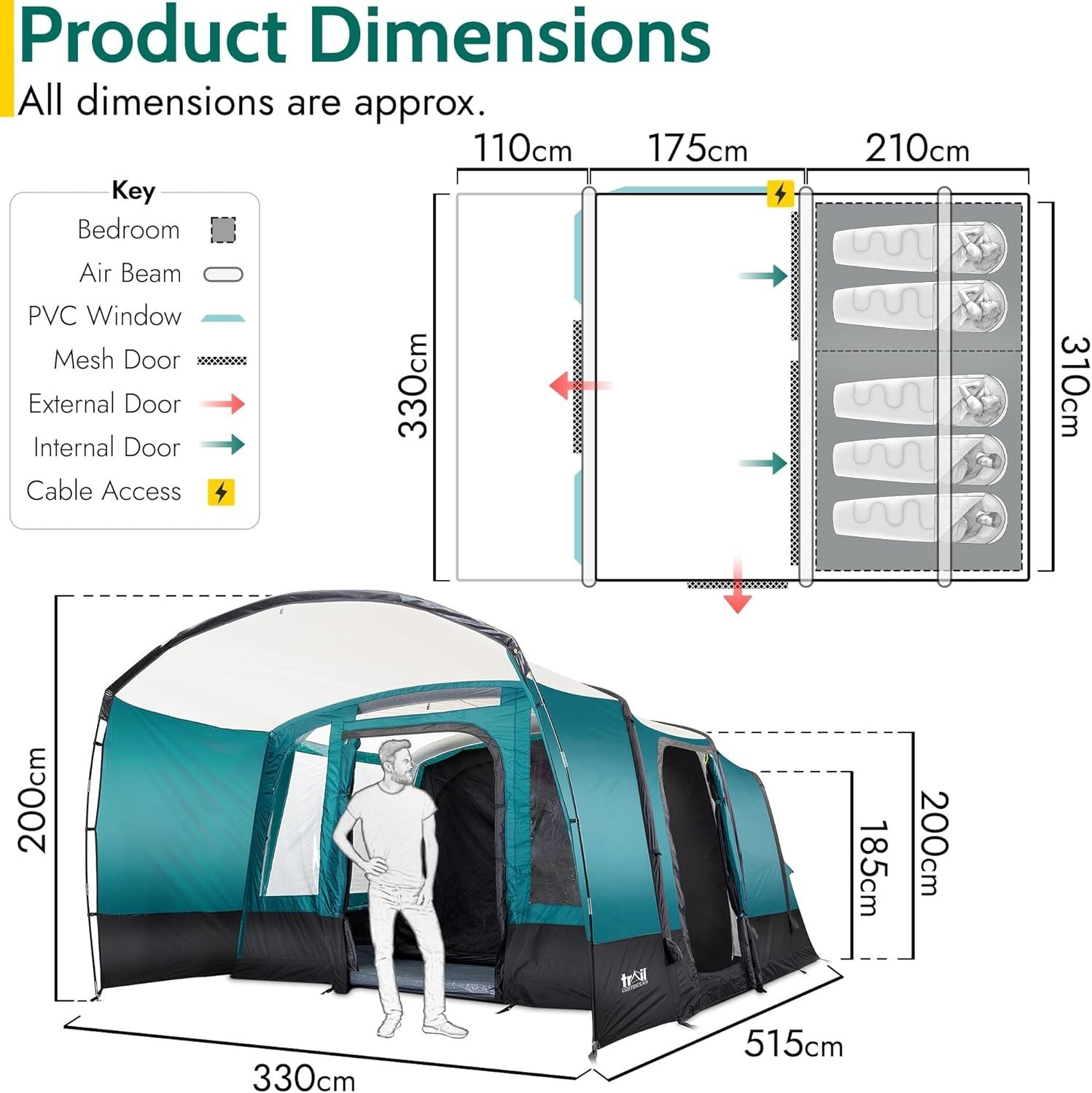 5 Man Inflatable Air Tent 5000mm Waterproof Family Camping Tunnel