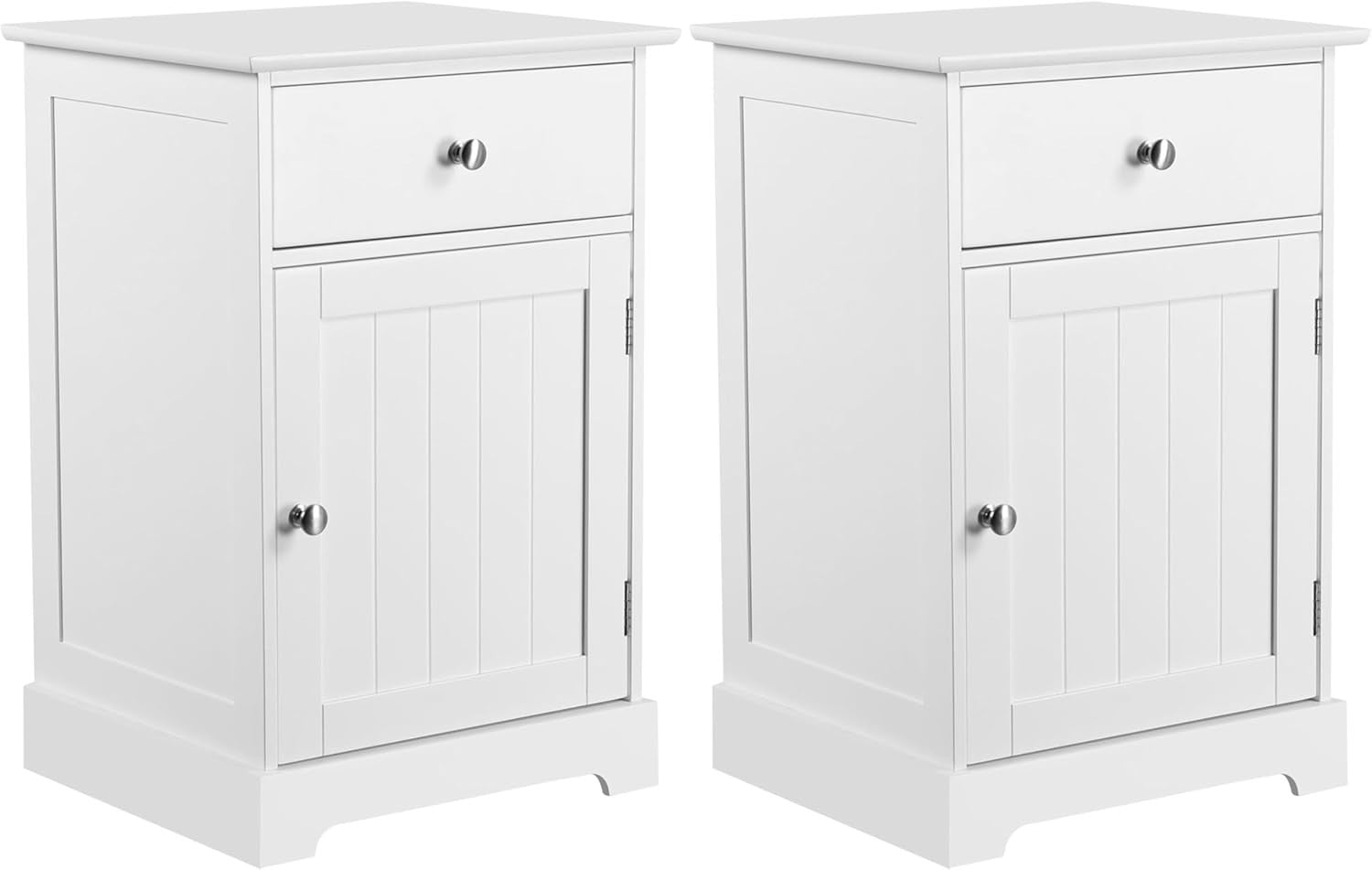 White Wooden Bedside Tables Set of 2 with Drawer & Cupboard