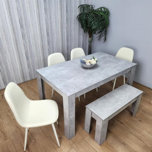 6 Seater Grey Dining Table Set with Cream Leather Chairs & Bench Oak Look
