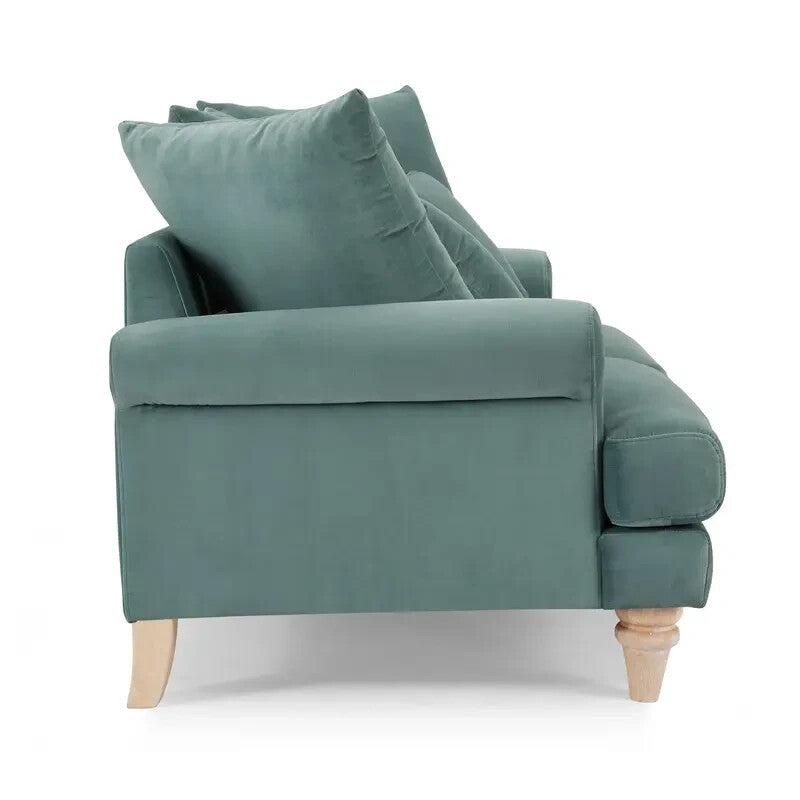 Teal Velvet 2 Seater Sofa Scatter Cushions Deep Seat Scroll Arms Wood Legs