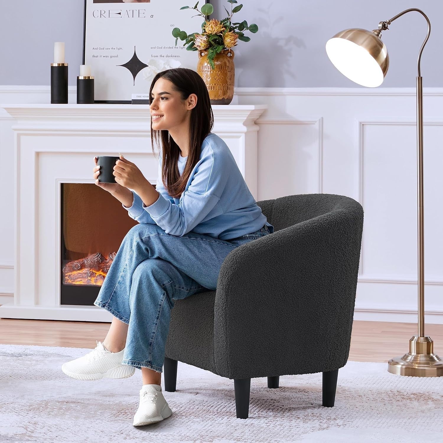 Dark Grey Boucle Tub Chair | Compact Accent Armchair for Living & Office
