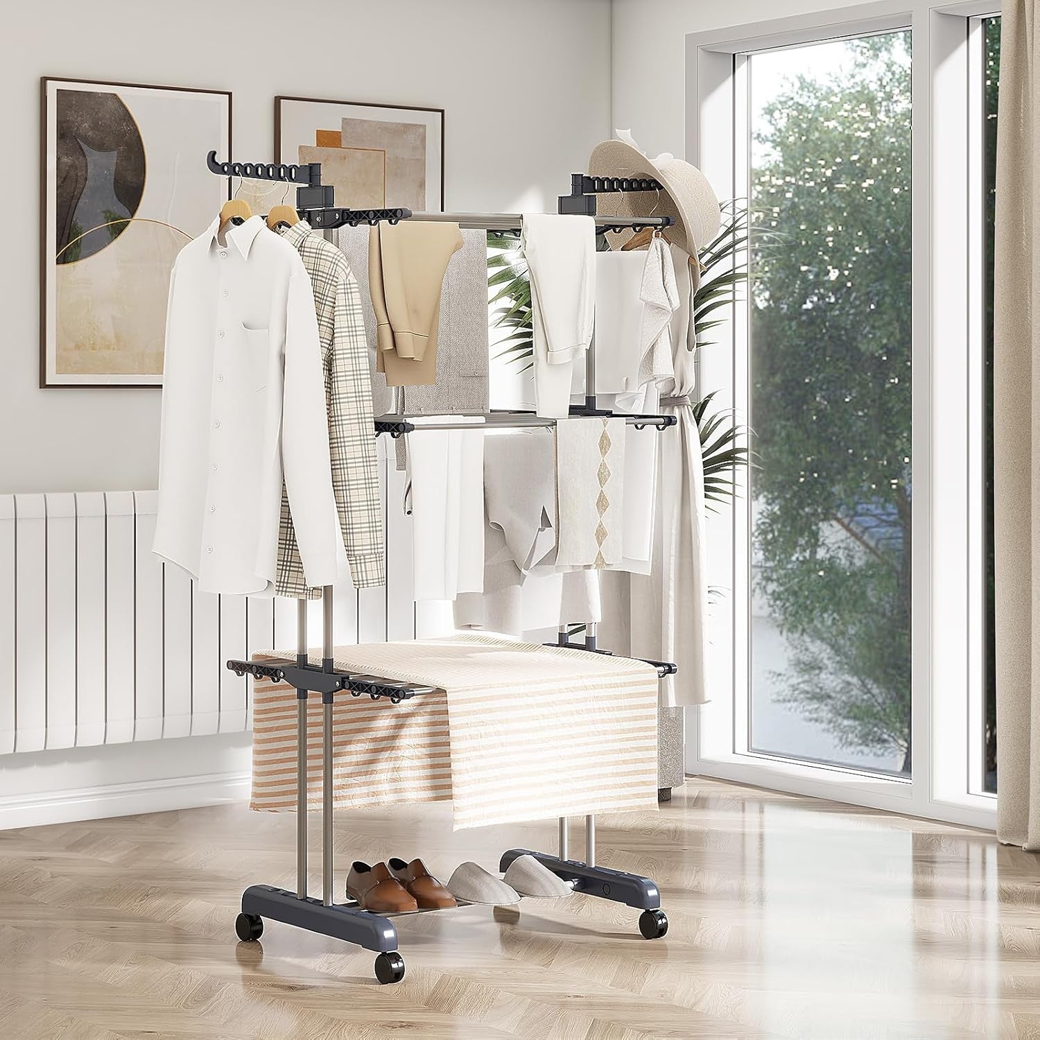 3 Tier Rolling Laundry Air Drying Stand Folding Wings Mobile Indoor Rack