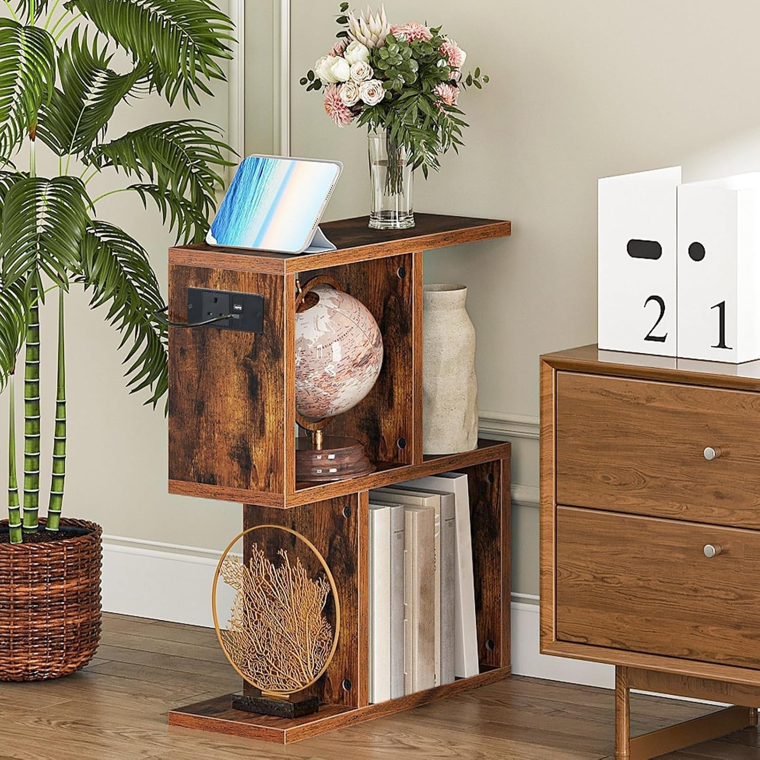 Slim S-Shaped Side Table w/ USB & AC Outlet | Narrow Bedside & End Table