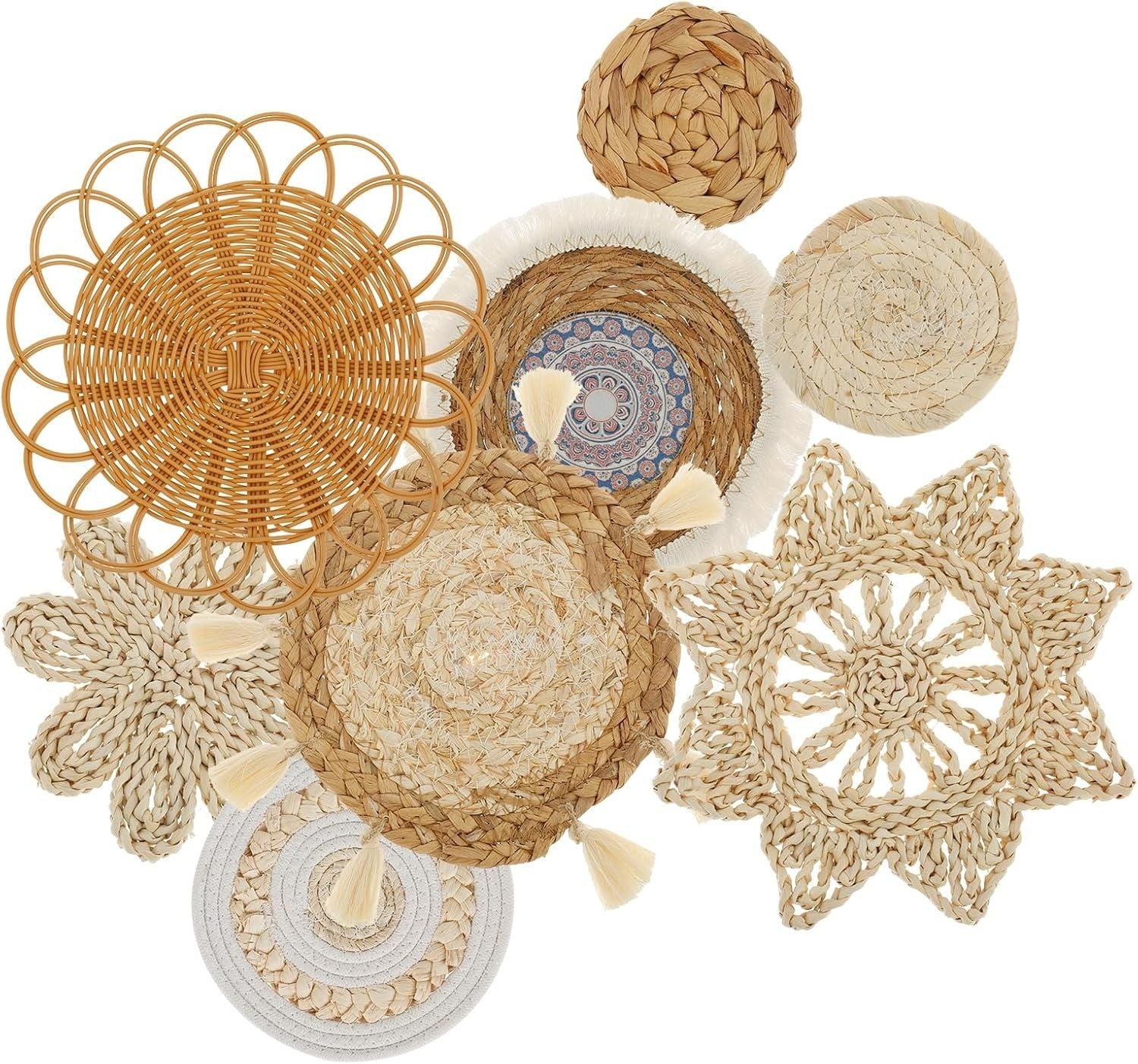 8 Pcs Boho Woven Wall Baskets Handmade Rattan Decor 7 Sizes