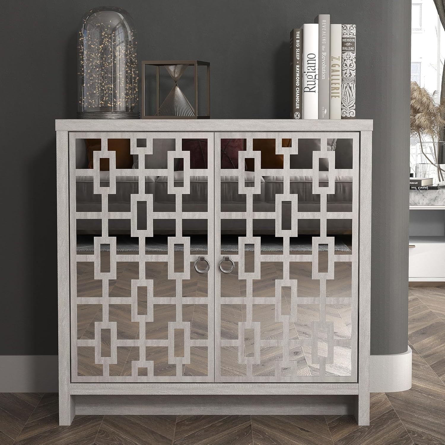 Grey Mirrored Sideboard 2 Door Cabinet Modern Storage Unit Hallway