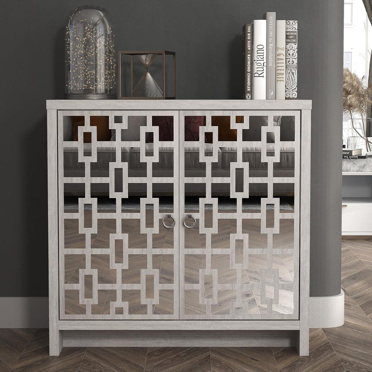 Grey Mirrored Sideboard 2 Door Cabinet Modern Storage Unit Hallway