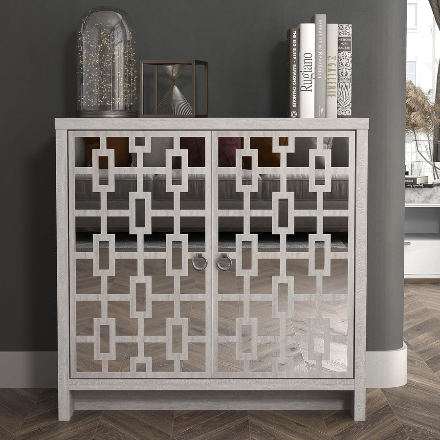 Grey Mirrored Sideboard 2 Door Cabinet Modern Storage Unit Hallway