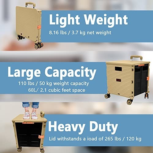 50L Folding Shopping Trolley Cart 60KG Heavy Duty with 360° Wheels