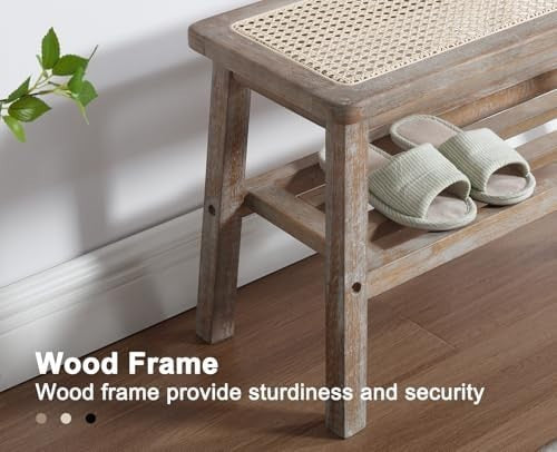 Mid Century Rattan Hallway Bench with Storage Rustic Wood Seat 75×30×44cm