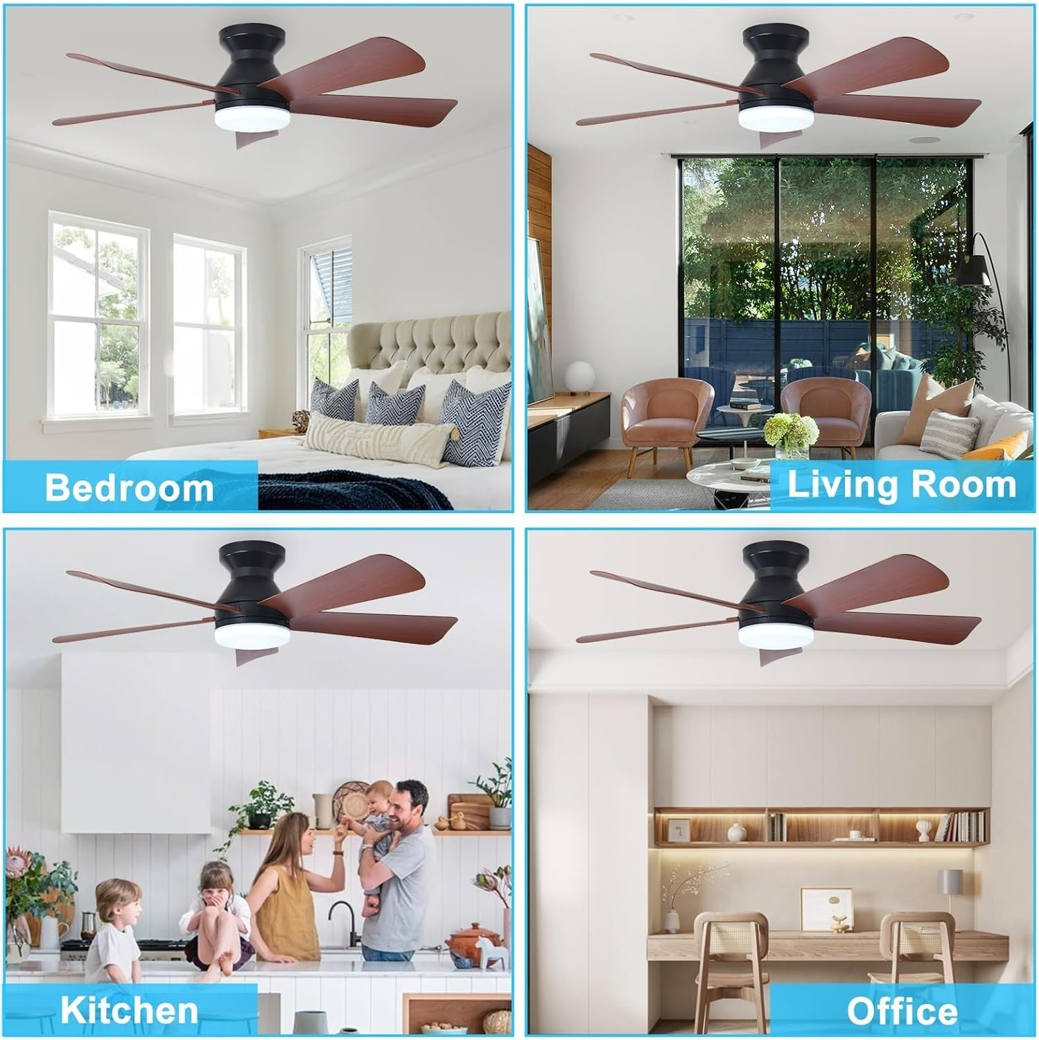 42" Ceiling Fan, 5 Walnut Blades, 6 Speeds, LED Light, Remote