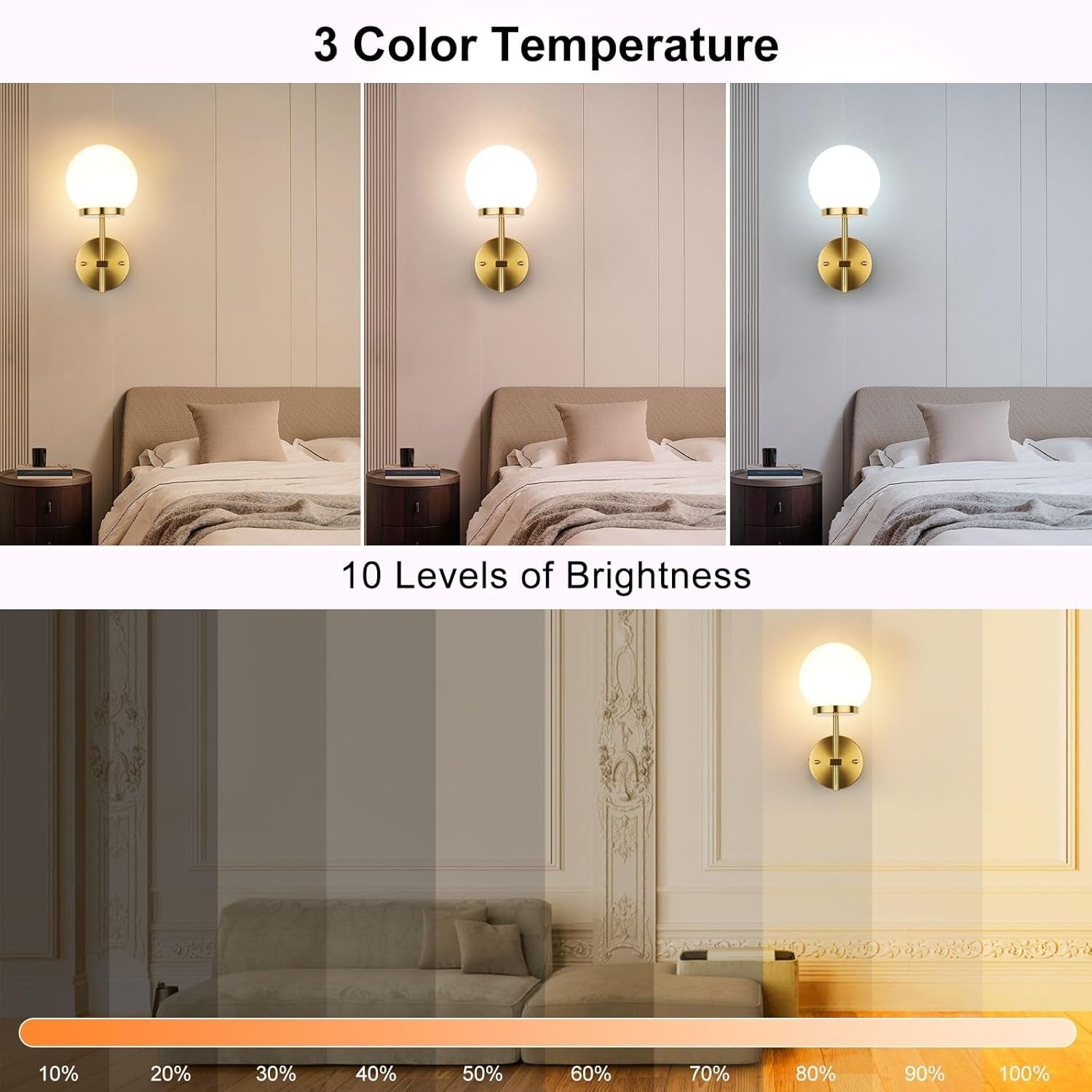 Modern Wireless Wall Sconces Set 2 Dimmable Glass RGB LED Lights Remote