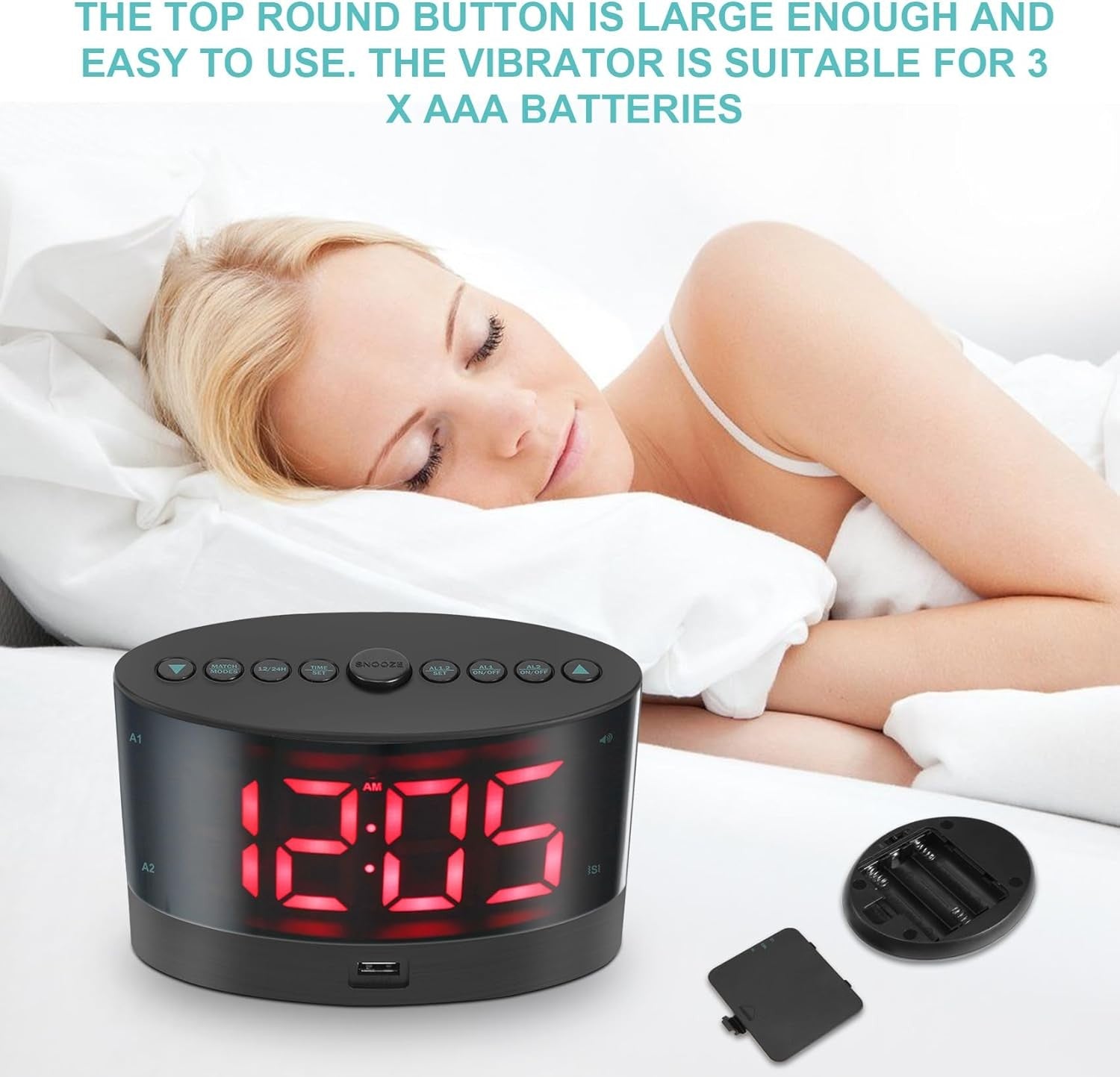 Extra Loud Alarm Clock with Bed Shaker Wireless Heavy Sleepers Black
