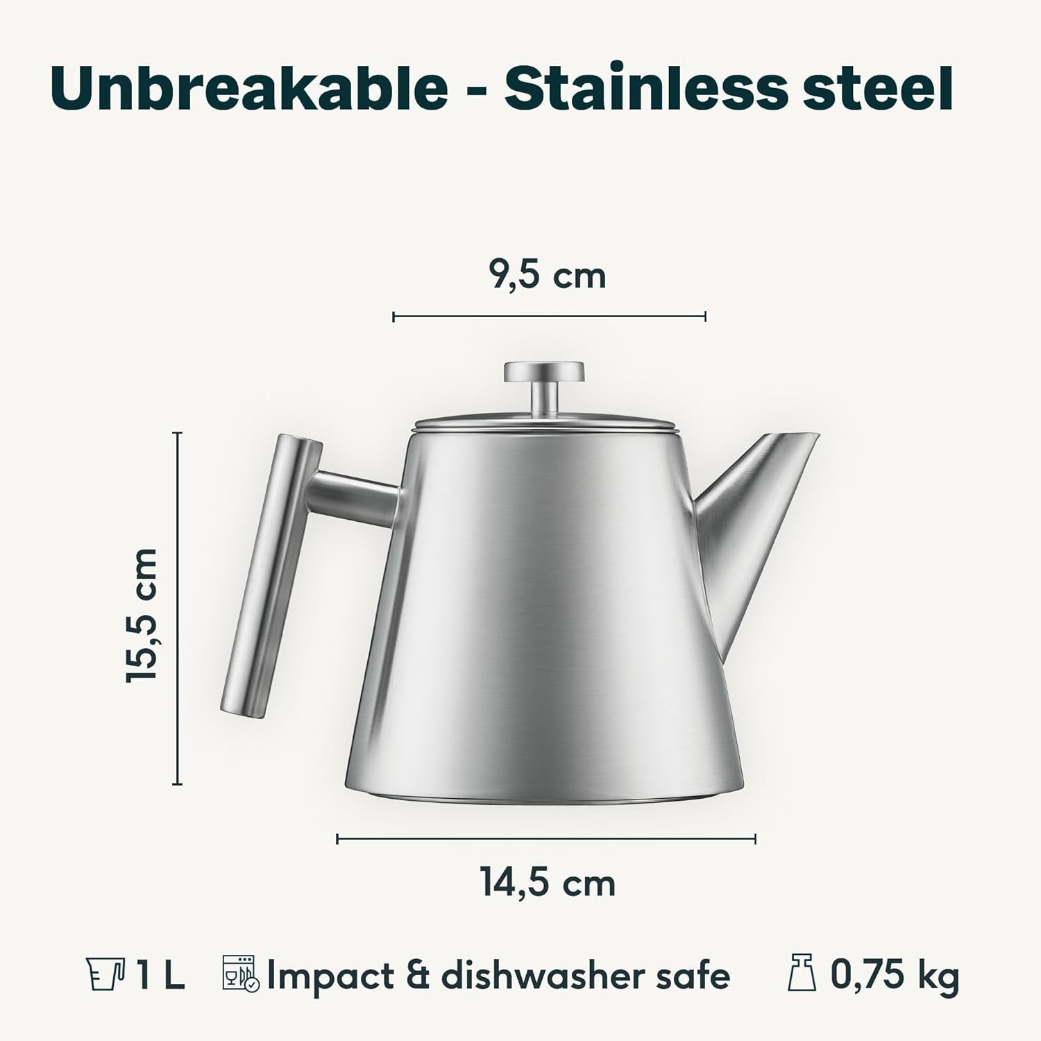 Stainless Steel Teapot 1L Double Wall Insulated w/ Tea Strainer Silver