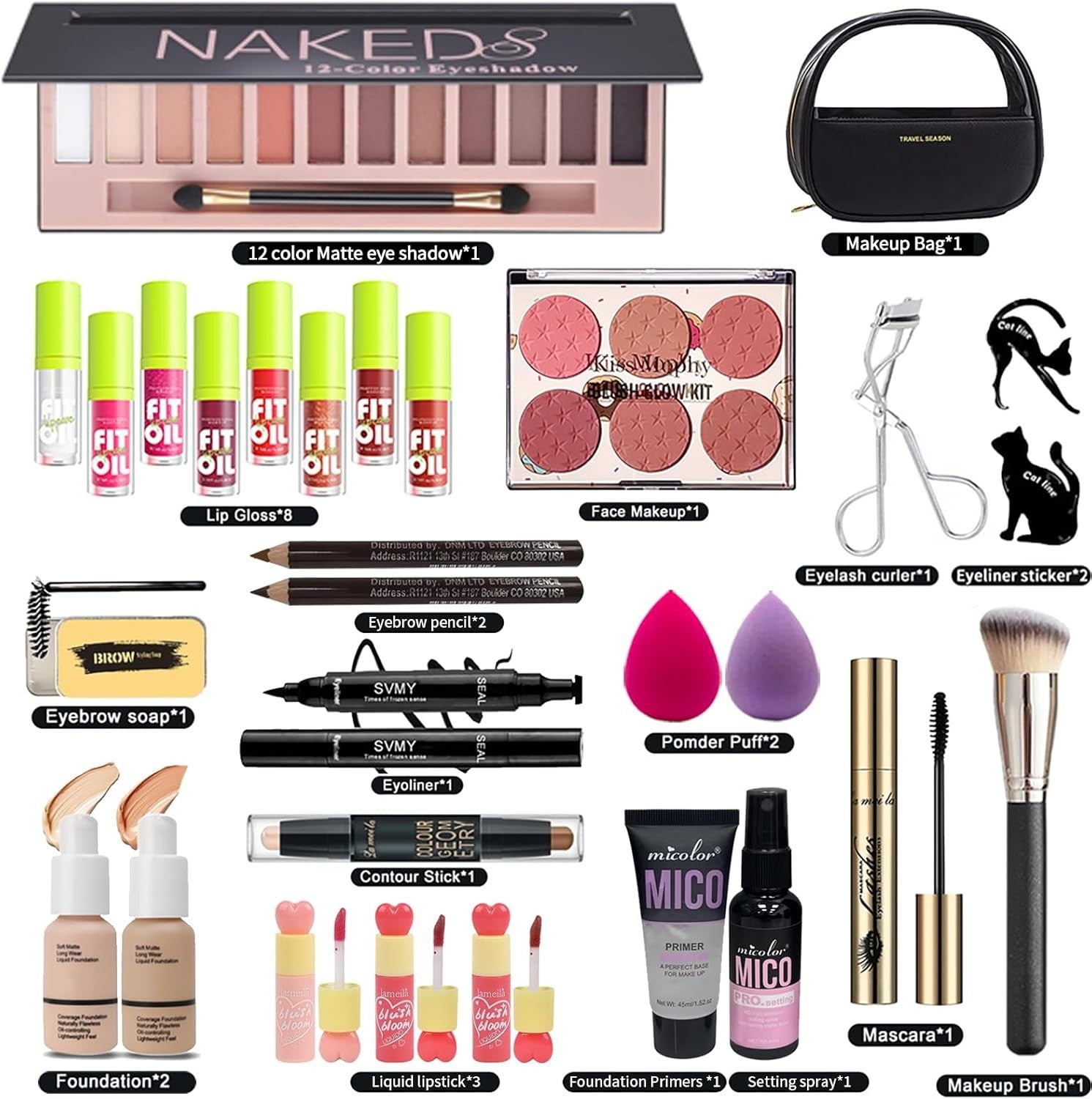 All-in-One Makeup Kit – Eyeshadow, Lipstick, Brushes & Case