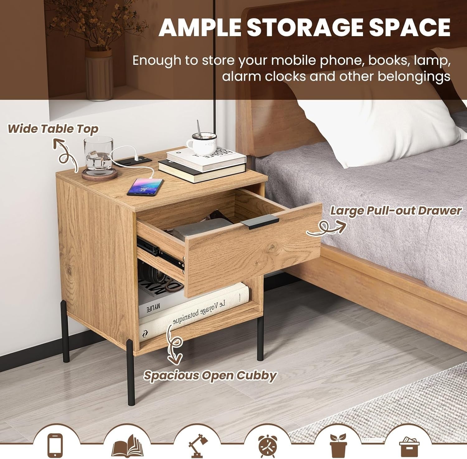 Wooden Bedside Table with Charging Station & Drawer – Modern Nightstand