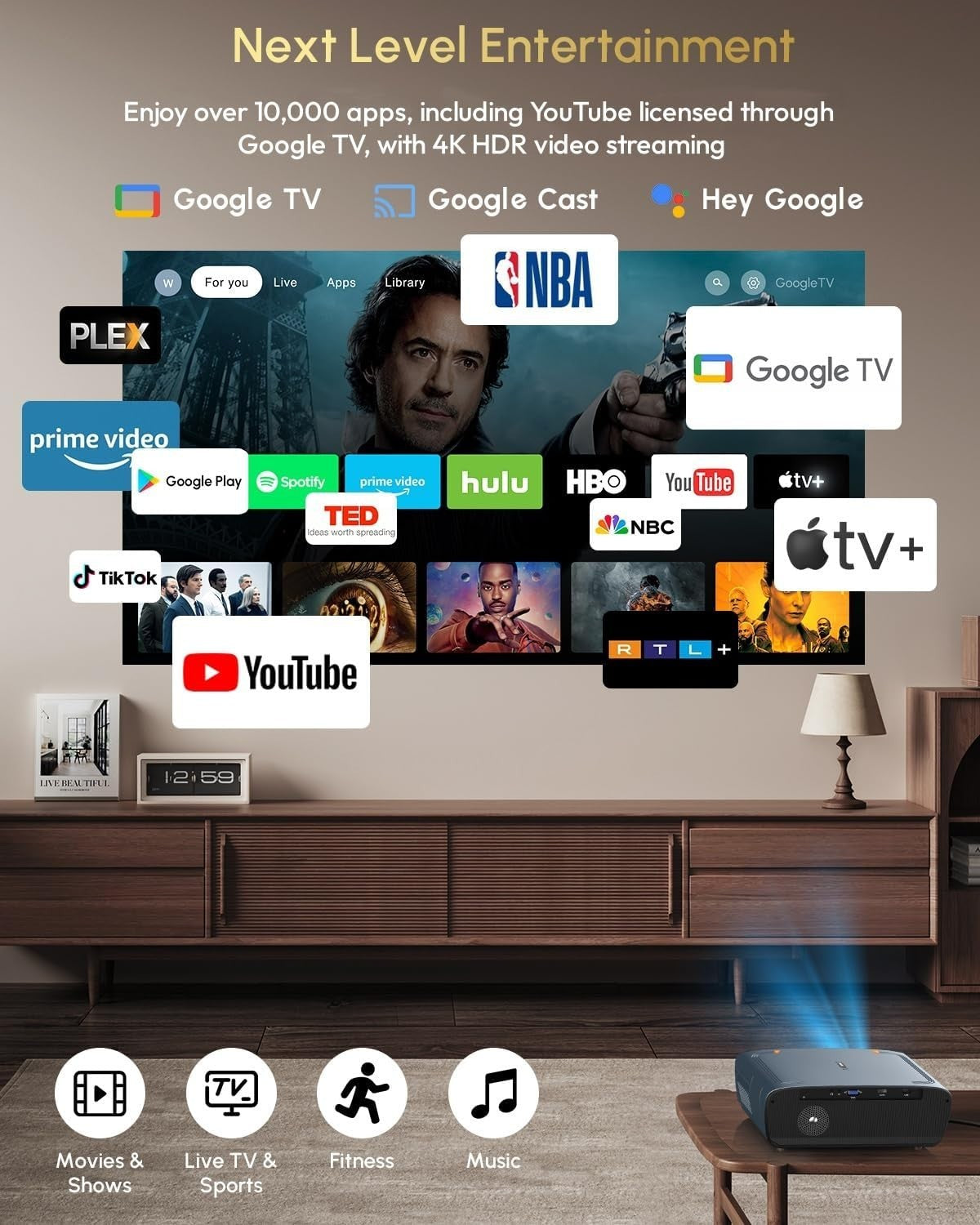2400ANSI 4K Smart Projector Google TV WiFi6 Dolby NFC