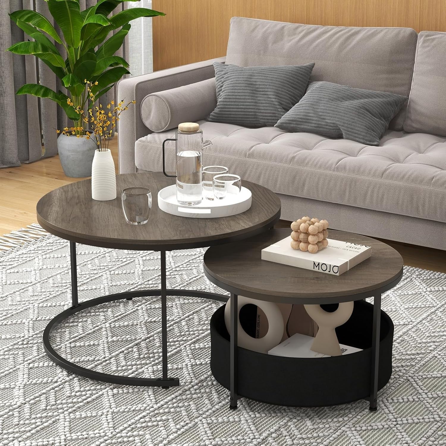 Nesting Coffee Table Set 2 Round Wood Metal Side End Tables Living Room 80CM
