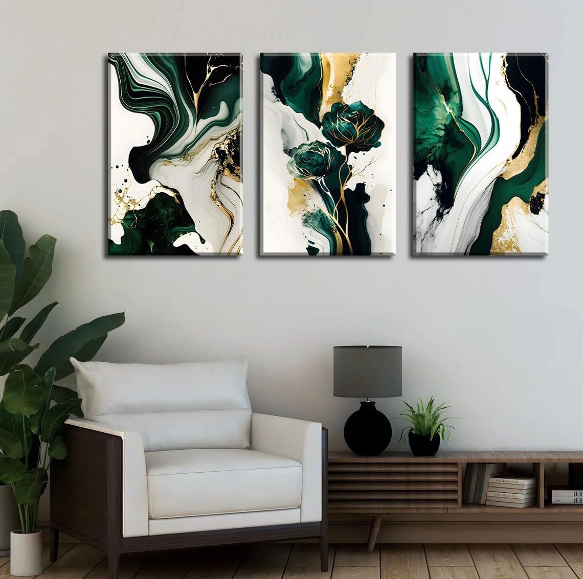 Emerald Green Gold Abstract Canvas Wall Art 3 Piece Set