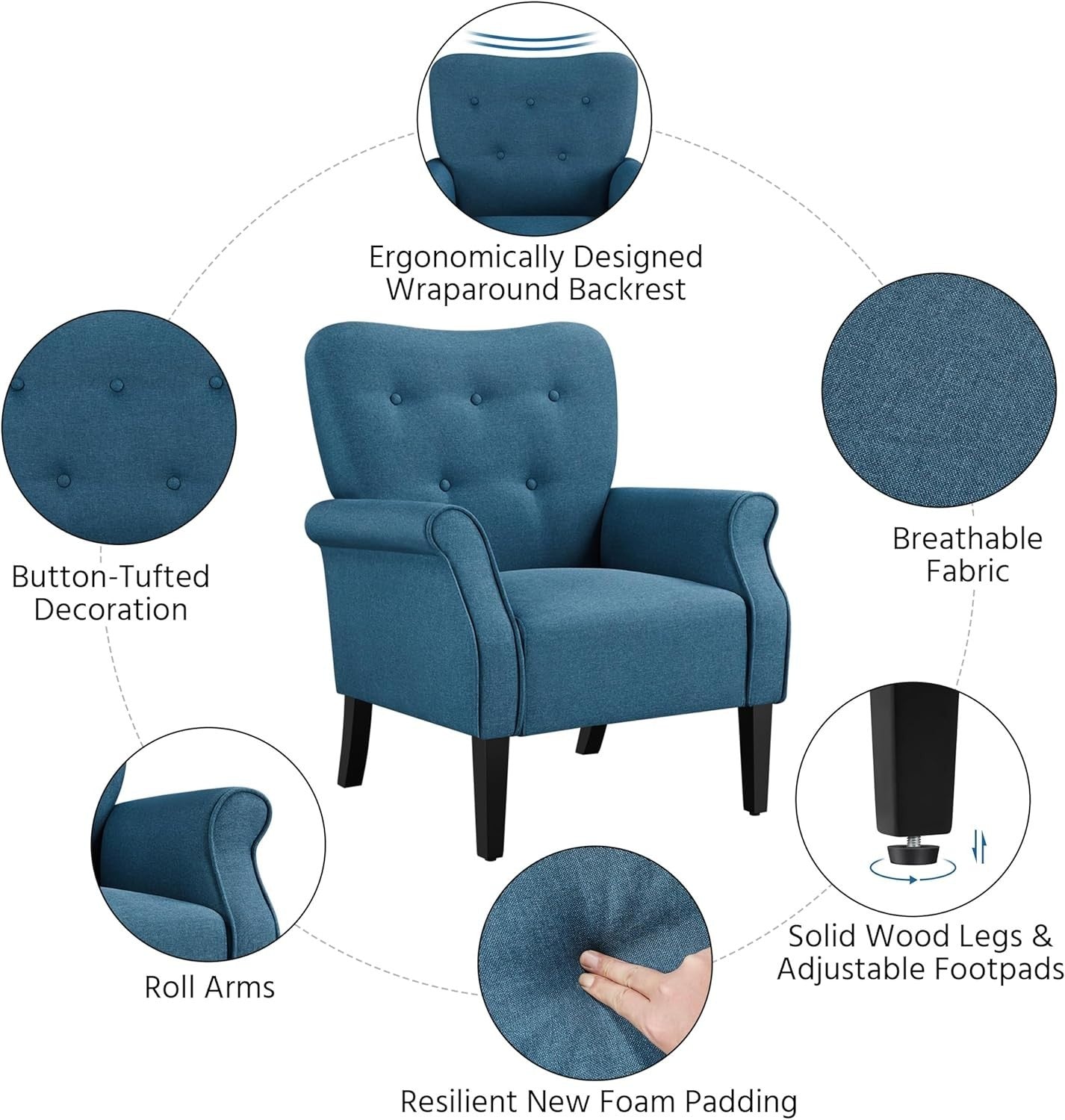 Navy Blue Modern Tub Chair Accent Armchair Soft Padded High Back Living Room
