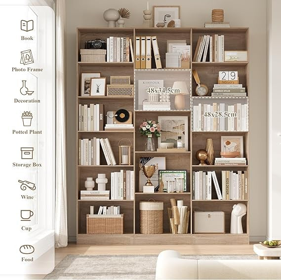 Tall 6-Tier Bookshelf with 17 Compartments Oak Storage Display Unit 188cm