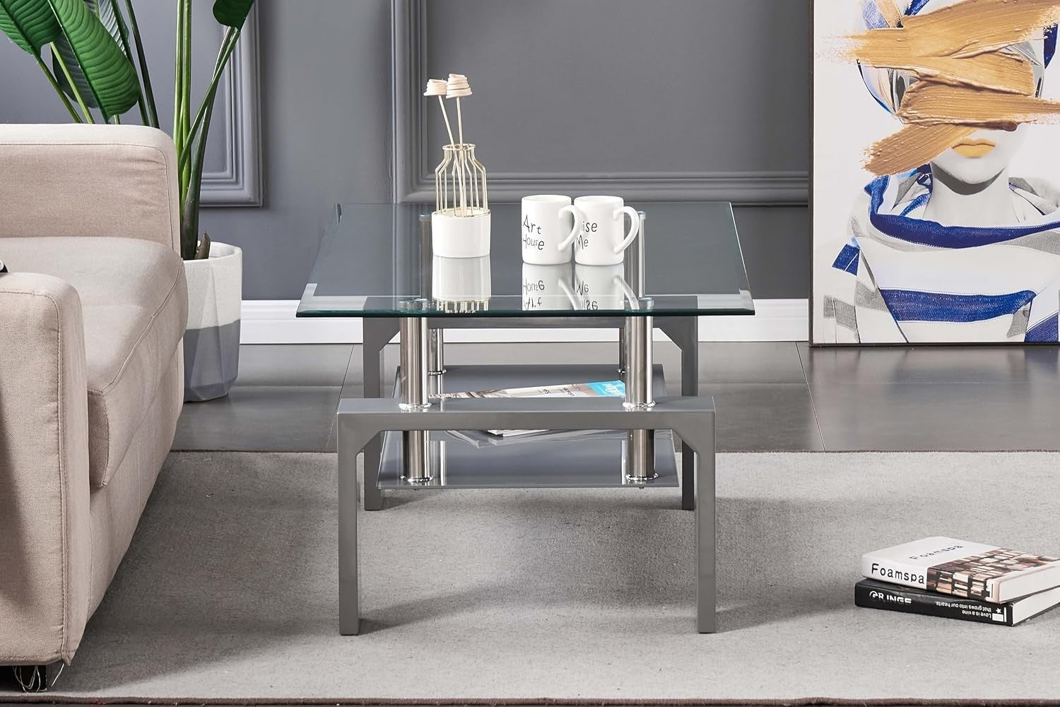 Modern Glass Top Coffee Table with Grey Shelf & High Gloss Legs – 100x60cm