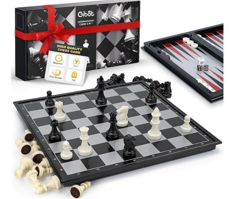 3-in-1 Magnetic Chess Backgammon Draughts Set Portable Folding Travel Board