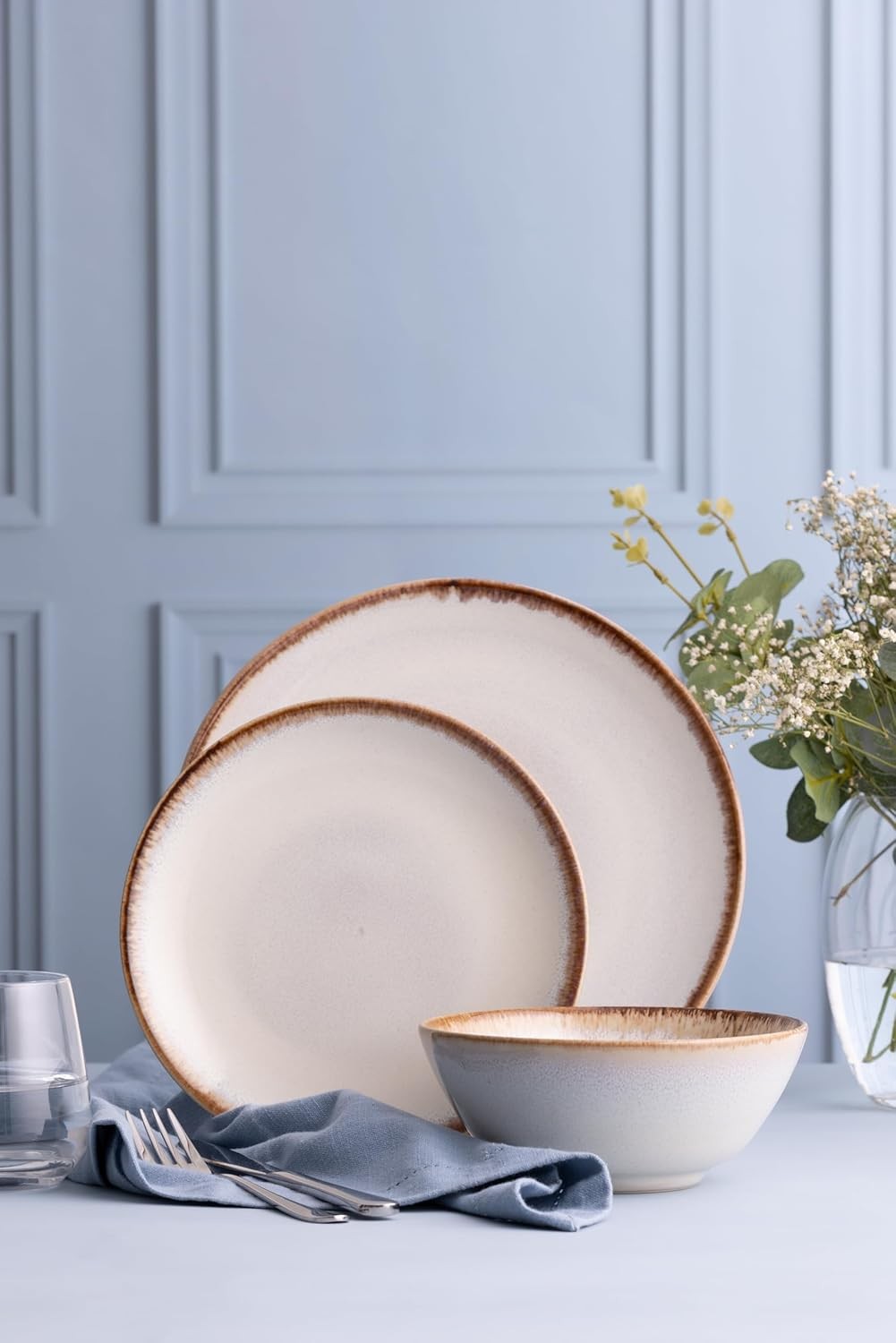 12pc Stoneware Dinner Set Cream Reactive Glaze Plates Bowls Dishwasher Safe