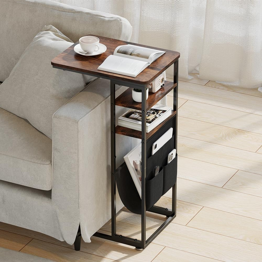 Retro Brown C-Shaped End Table 3-Tier Storage Slim Sofa Side Table Durable