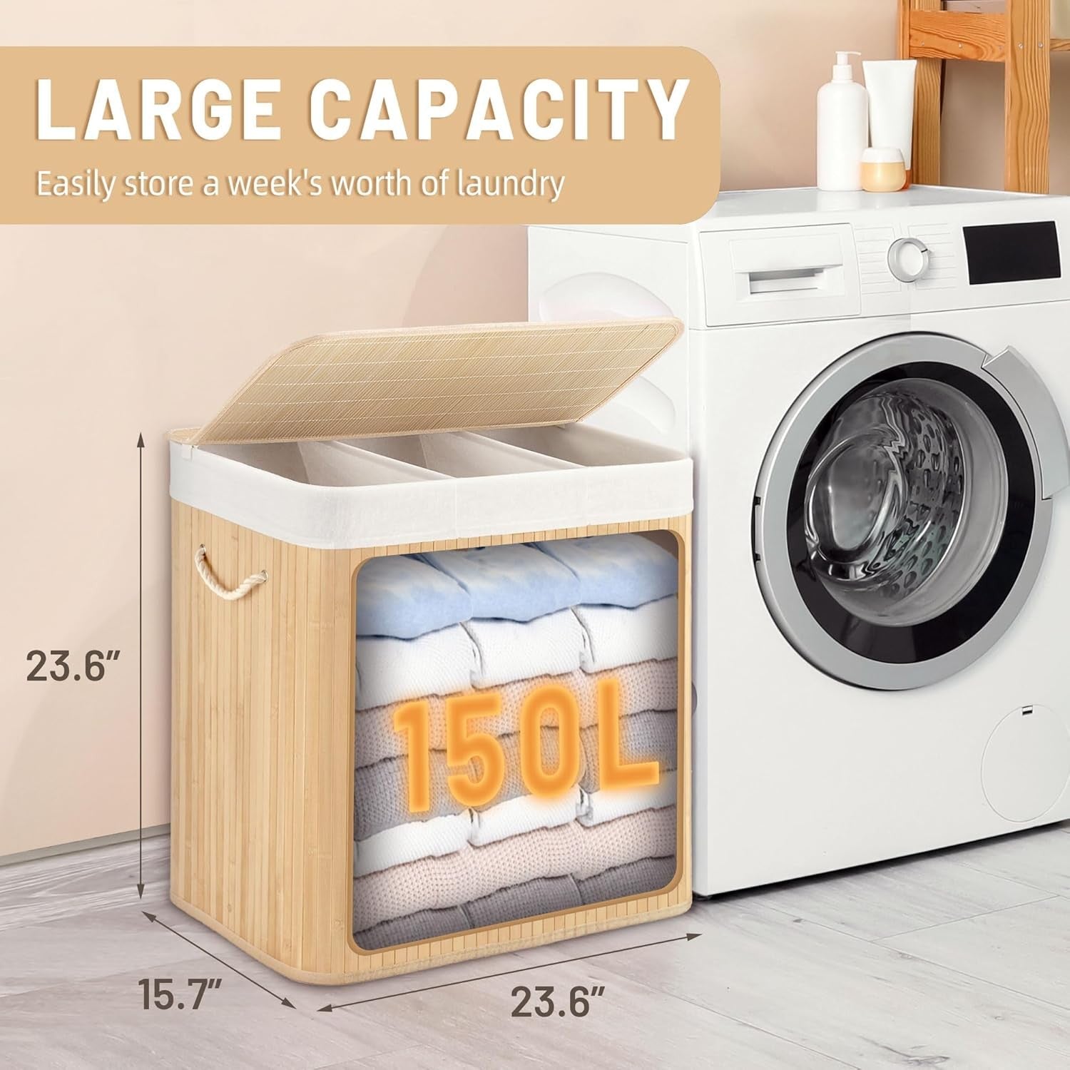 150L Bamboo Laundry Hamper with Lid 3-Section Foldable Clothes Basket Beige