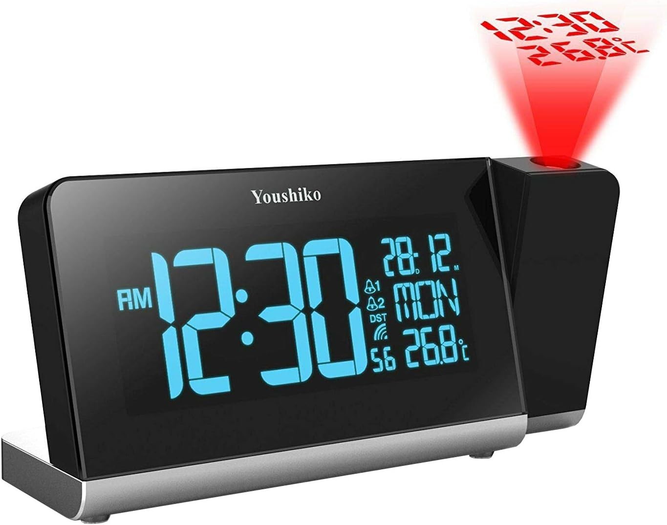 Black Projection Alarm Clock Radio Control LED Display Dual Alarm