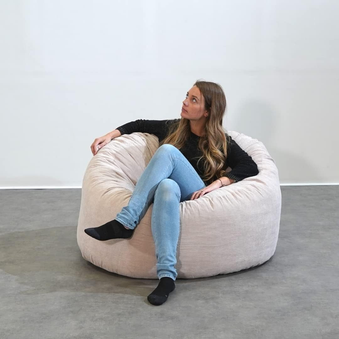 Adult Bean Bag Chair Beige Cord 100cm Foam Filled Sofa Seat for Back Pain