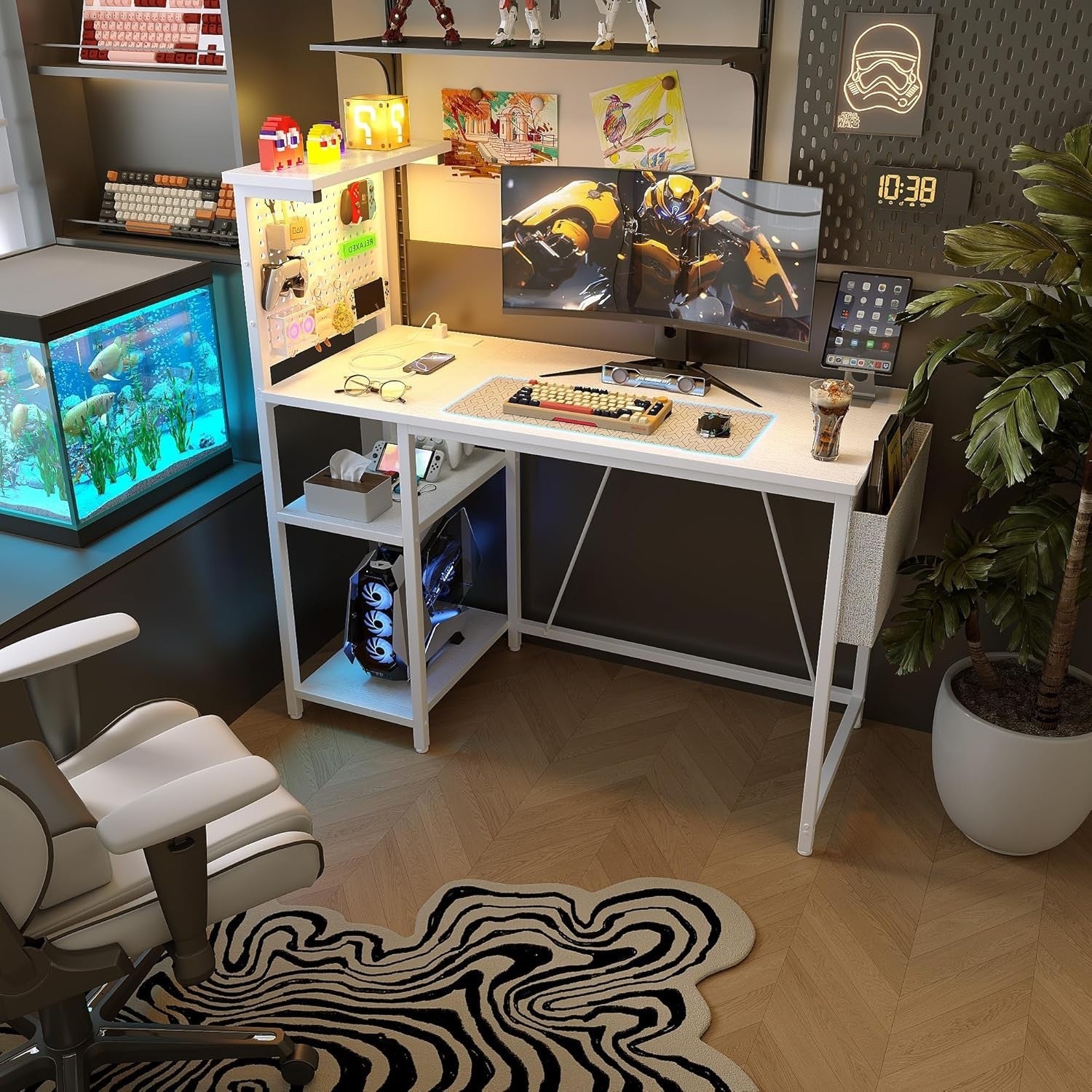 White Gaming Desk 120x50cm w/RGB Lights, Power Hub & Reversible Shelf
